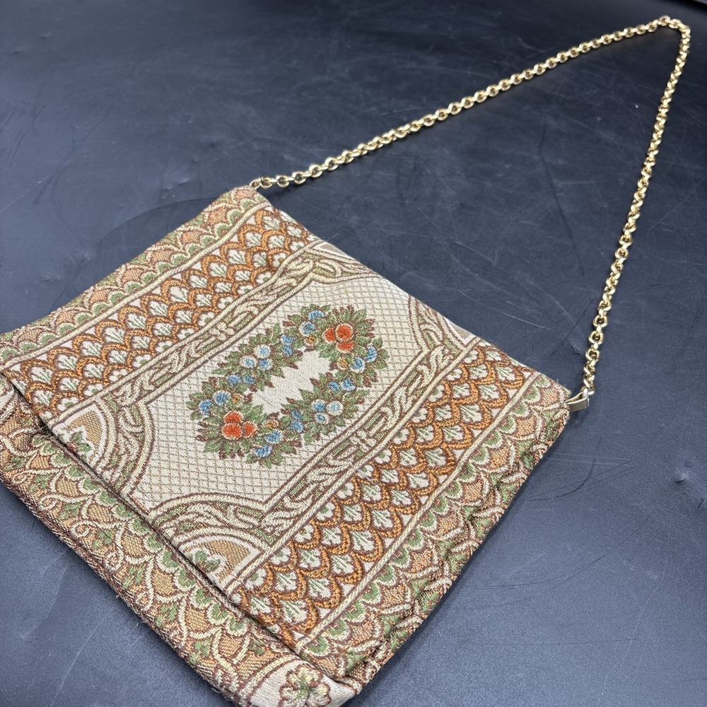 Vtg Walborg Italy Floral Tapestry Envelope Clutch Bag Gold Chain Shoulder Purse⁠